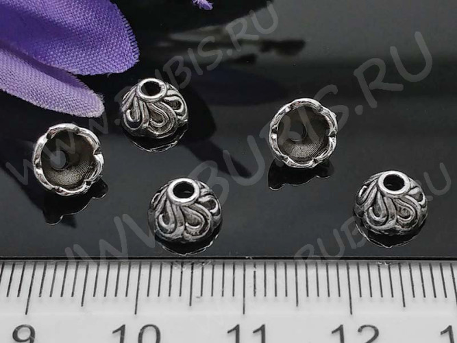 (СКИДКИ!!!) 227 Шапочка-колпачок Лепестки 7,5*7,5*4,5мм античное серебро (литьё) (10шт.)