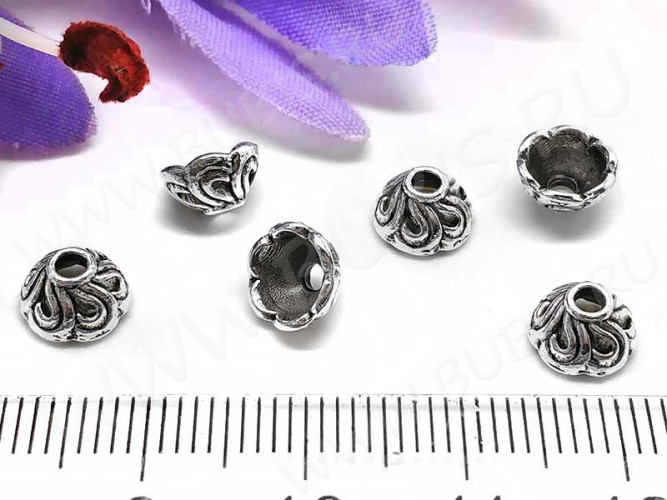 (СКИДКИ!!!) 227 Шапочка-колпачок Лепестки 7,5*7,5*4,5мм античное серебро (литьё) (10шт.)