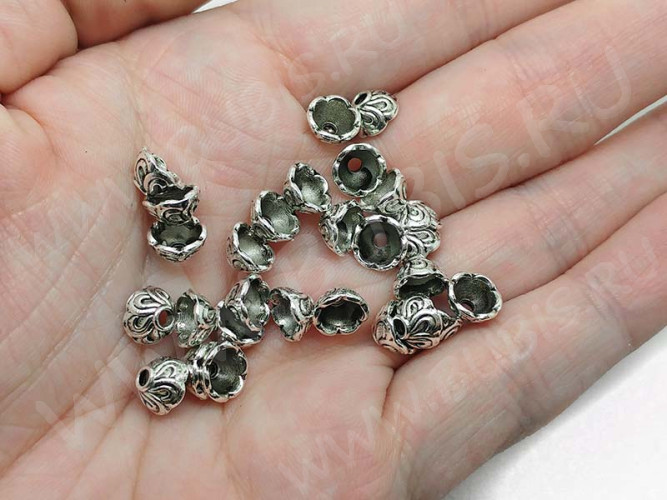 (СКИДКИ!!!) 227 Шапочка-колпачок Лепестки 7,5*7,5*4,5мм античное серебро (литьё) (10шт.)