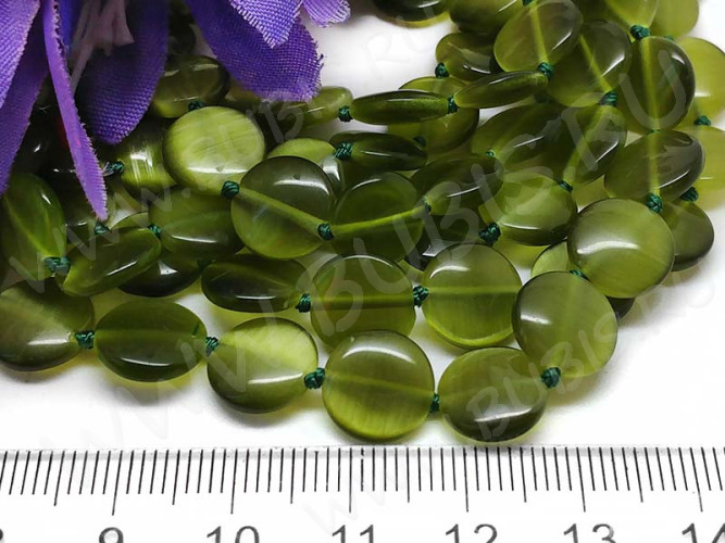 (ОПТ) Бусина каменная Круг 32 10*10*3,5мм Кошачий глаз т.оливковый (камни) (НИТЬ)