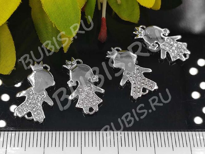 299 Коннектор Девочка с инкрустацией 19*10*2мм цвет платины и прозрачный (Milano LUX) (Brass и фианит)