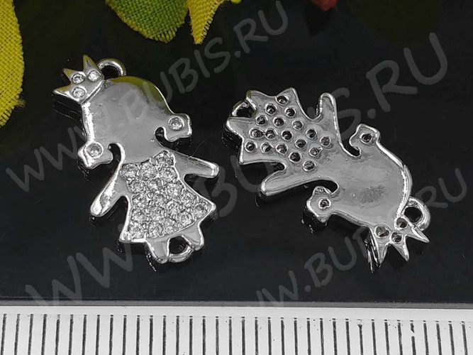 299 Коннектор Девочка с инкрустацией 19*10*2мм цвет платины и прозрачный (Milano LUX) (Brass и фианит)