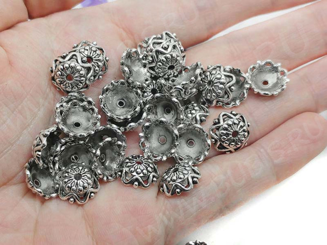 (СКИДКИ!!!) 233 Шапочка-чашечка ажурная 12*12*4,5мм античное серебро (литьё) (10шт.)
