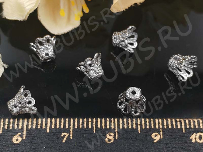 Шапочка тонкая 067 ажурная колокольчик 7*7*5мм цвет платины (LUX Китай) (Brass с платинированием) (имитация скани) (1ШТ.!!!)