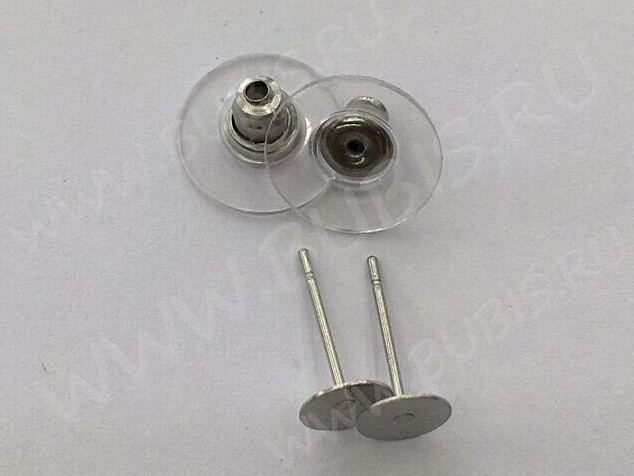 Пуссеты ("гвоздики") №169 (платформа 6мм) с крепежками (зажимами) 12*0,7мм цвет платины (хирургическая сталь) (1 пара)