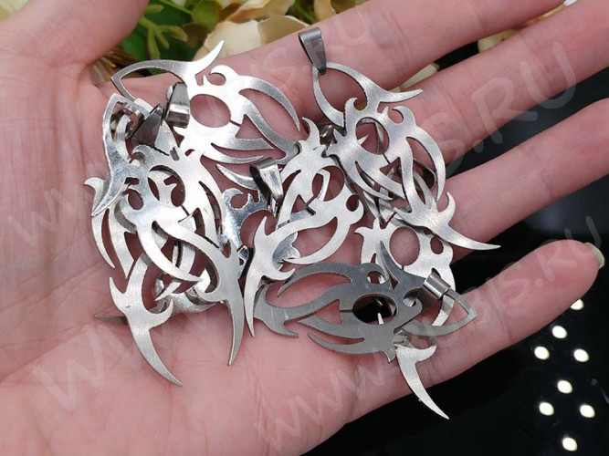 Подвеска Узор Орнамент Вязь кулон с держателем 54*26*1,1мм цвет платины (Хирургическая сталь)