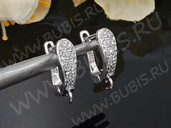 Швензы с английским замком №123 с инкрустацией кубическим цирконием 15*12*5мм цвет платины и прозрачные (Milano LUX) (Brass и фианит) (1 пара)