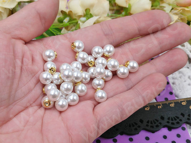 Зажимы для пуссет(гвоздиков) и швенз №14 жемчужные шарики 8,5*8*8мм бело-золотистые (акрил и Brass) (2шт.)