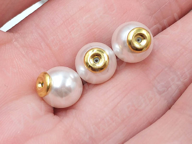 Зажимы для пуссет(гвоздиков) и швенз №14 жемчужные шарики 8,5*8*8мм бело-золотистые (акрил и Brass) (2шт.)