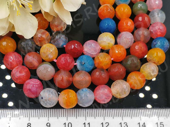 (ОПТ) Бусина округлая ГРАНЁНАЯ 10мм Агат КРАКЛЕ яркий МИКС (камни) (НИТЬ)