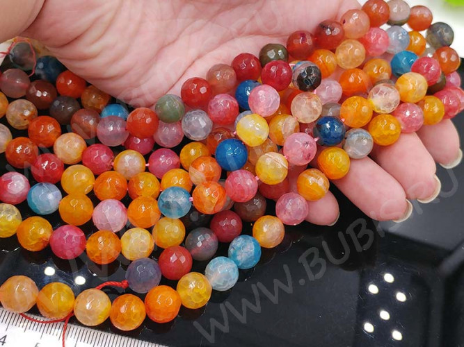 (ОПТ) Бусина округлая ГРАНЁНАЯ 10мм Агат КРАКЛЕ яркий МИКС (камни) (НИТЬ)