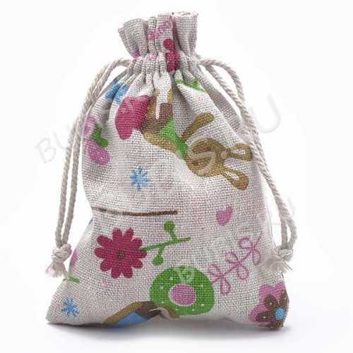 Мешочек холщовый 12 14*10см льняной с зайчиками (ткань) (упаковка для украшений)