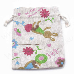 Мешочек холщовый 12 14*10см льняной с зайчиками (ткань) (упаковка для украшений)