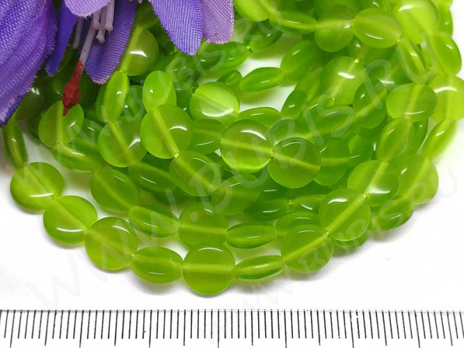 (ОПТ) Бусина каменная Круг 33 8*8*3,5мм Кошачий глаз салатовый (камни) (НИТЬ)