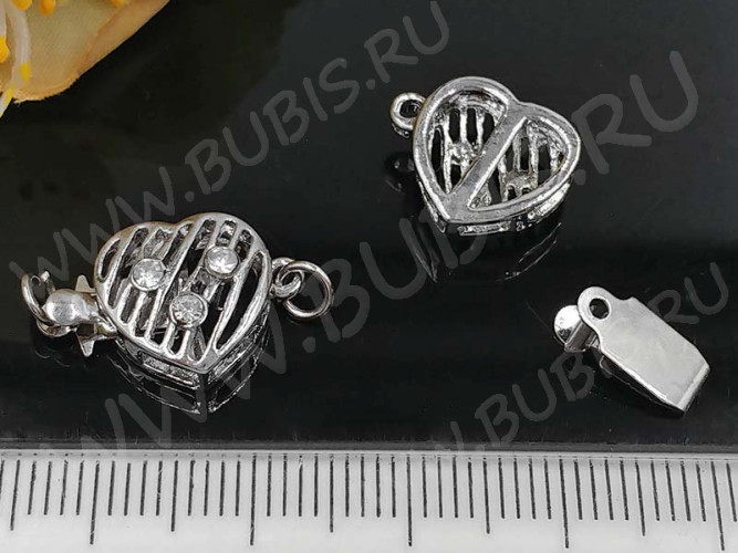 Замочек-застёжка №62 Сердечко со стразами на 1 нить 16*11*5мм цвет платины и прозрачный (Brass и стекло)