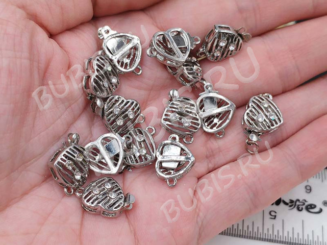 Замочек-застёжка №62 Сердечко со стразами на 1 нить 16*11*5мм цвет платины и прозрачный (Brass и стекло)