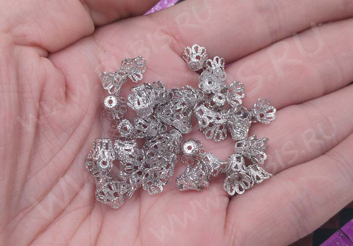 (СКИДКИ!!!) Шапочка тонкая 067 ажурная колокольчик 7*7*5мм цвет платины (LUX Китай) (Brass с платинированием) (имитация скани) (10шт.)