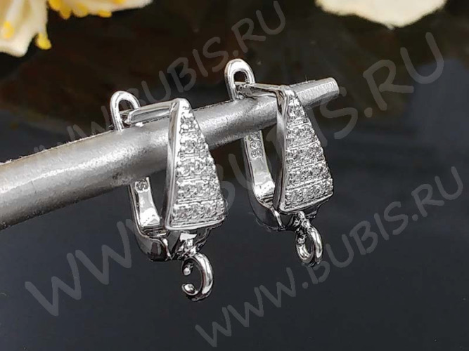 Швензы с английским замком №124 с инкрустацией кубическим цирконием 17*11*5,5мм цвет платины и прозрачные (Milano LUX) (Brass и фианит) (1 пара)