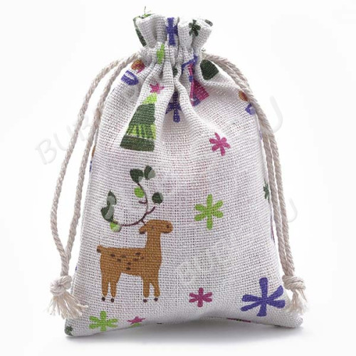 Мешочек холщовый 13 14*10см льняной Ёлки и подарки (ткань) (упаковка для украшений)