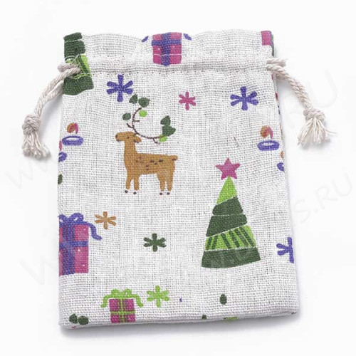 Мешочек холщовый 13 14*10см льняной Ёлки и подарки (ткань) (упаковка для украшений)