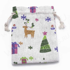 Мешочек холщовый 13 14*10см льняной Ёлки и подарки (ткань) (упаковка для украшений)