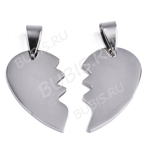 Подвеска Жетон 39 Сердечко из двух половинок с держателями 30*27*1,5мм цвет платины (Хирургическая сталь)