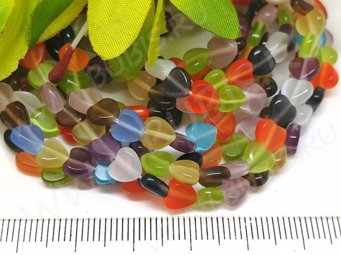 (ОПТ) Бусина каменная Сердце 10 6*5,5*2,5мм Кошачий глаз МИКС (камни) (НИТЬ)