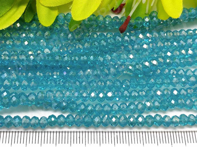 Бусина кристалл гранёный абакус 4,3*4*3,5мм голубо-бирюзовый с АВ прозрачный (имитация Сваровски) (20шт.)