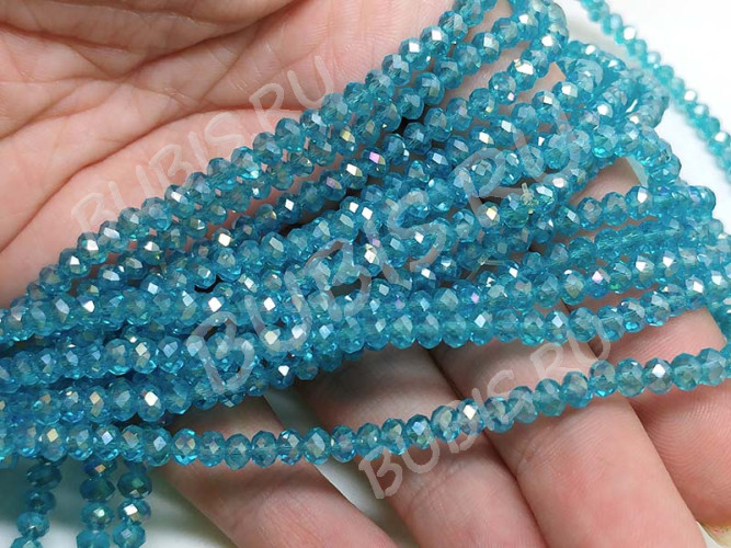 Бусина кристалл гранёный абакус 4,3*4*3,5мм голубо-бирюзовый с АВ прозрачный (имитация Сваровски) (20шт.)