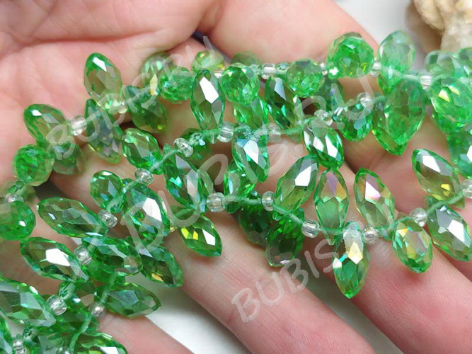 (ОПТ) Подвеска Капля гранёная 12*6*5,5мм Хрусталь св.зелёный с АВ прозрачный (имитация Сваровски) (НИТЬ)