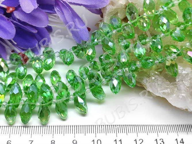 (ОПТ) Подвеска Капля гранёная 12*6*5,5мм Хрусталь св.зелёный с АВ прозрачный (имитация Сваровски) (НИТЬ)