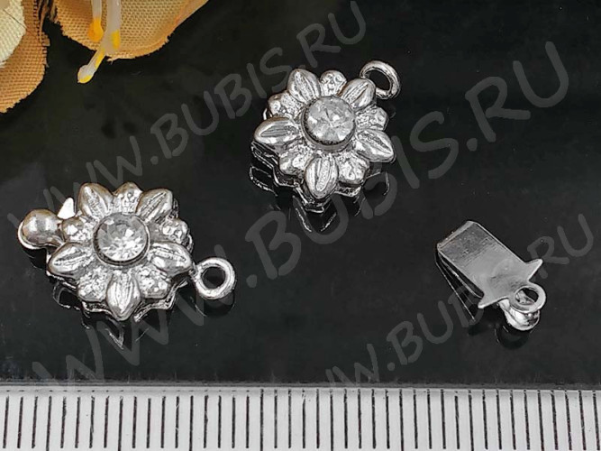 Замочек-застёжка №63 Цветочек со стразом на 1 нить 16,5*10*6мм цвет платины и прозрачный (Brass и стекло)