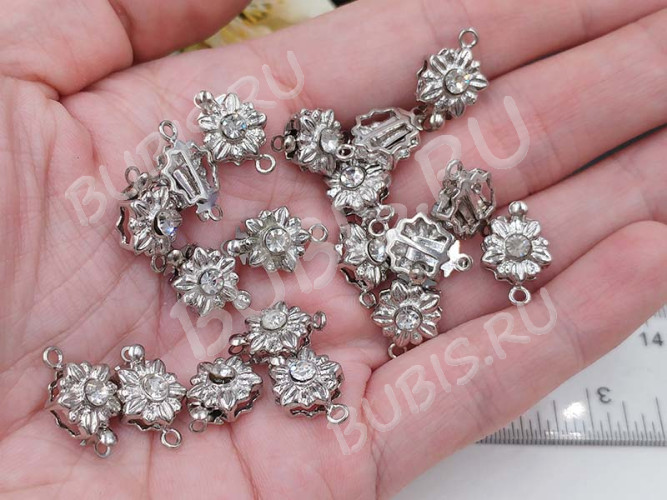 Замочек-застёжка №63 Цветочек со стразом на 1 нить 16,5*10*6мм цвет платины и прозрачный (Brass и стекло)