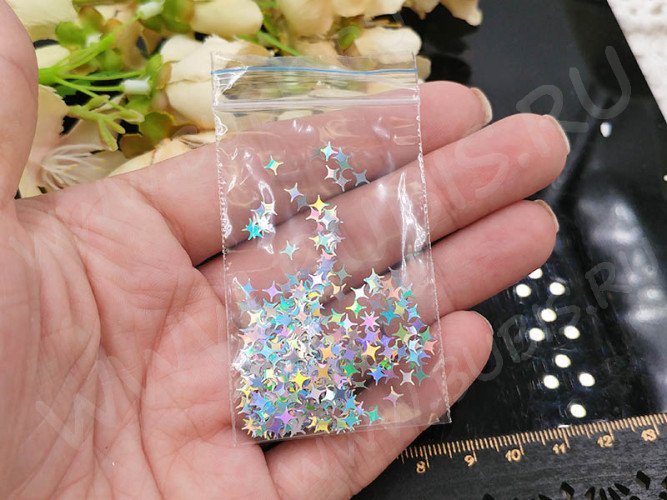 Наполнение для смолы и бутылочек 086 блёстки Звёздочки четырёхконечные 4мм серебристые голографические (украшения)