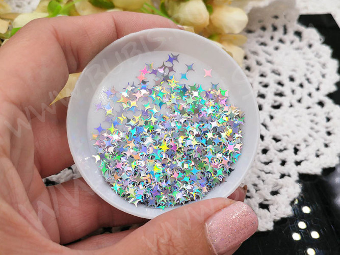 Наполнение для смолы и бутылочек 086 блёстки Звёздочки четырёхконечные 4мм серебристые голографические (украшения)