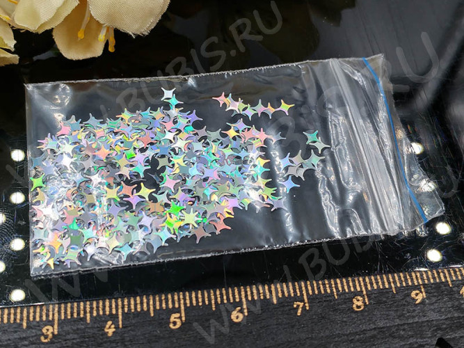 Наполнение для смолы и бутылочек 086 блёстки Звёздочки четырёхконечные 4мм серебристые голографические (украшения)