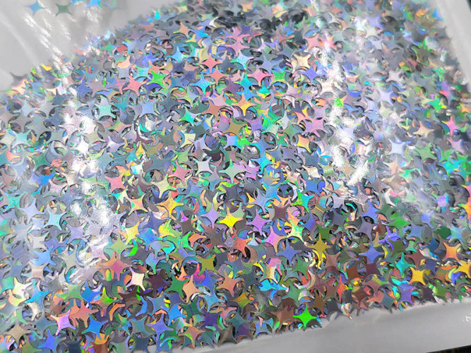 Наполнение для смолы и бутылочек 086 блёстки Звёздочки четырёхконечные 4мм серебристые голографические (украшения)