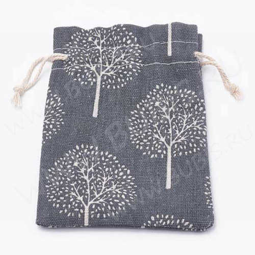 Мешочек холщовый 14 14*10см льняной чёрный с деревьями (ткань) (упаковка для украшений)