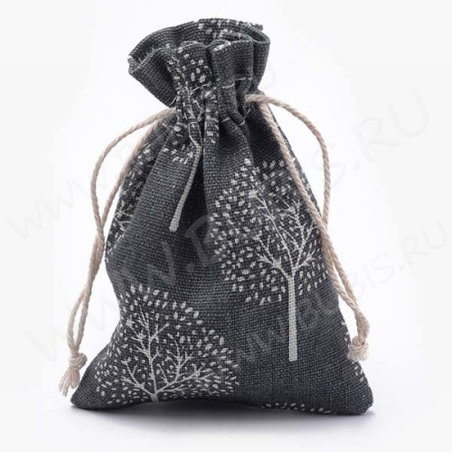 Мешочек холщовый 14 14*10см льняной чёрный с деревьями (ткань) (упаковка для украшений)