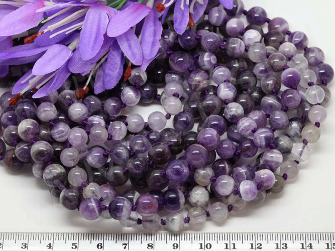 (ОПТ) Бусина округлая 8мм Аметист бледный с молочным натуральный (камни) (НИТЬ)