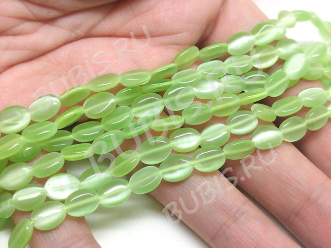 (ОПТ) Бусина каменная Овал 60 8*6*3мм Кошачий глаз св.зелёный (камни) (НИТЬ)