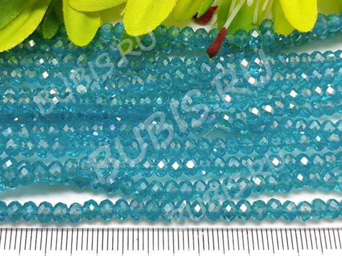 (СКИДКИ!!!) Бусина кристалл гранёный абакус 4,3*4*3,5мм голубо-бирюзовый с АВ прозрачный (имитация Сваровски) (100шт.)