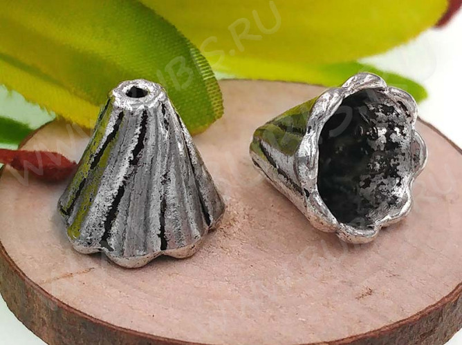 191 Шапочка Конус цветочек 12,5*12,5*11,5мм античное серебро (литьё)