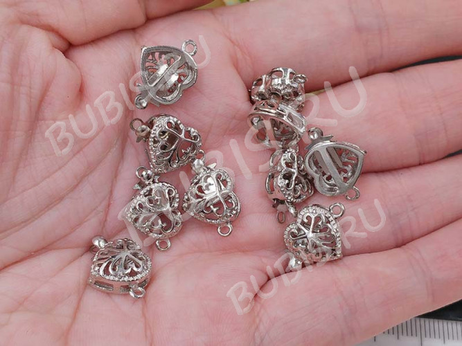 Замочек-застёжка №64 Сердечко ажурное на 1 нить 16*11,5*5,5мм цвет платины (Brass)