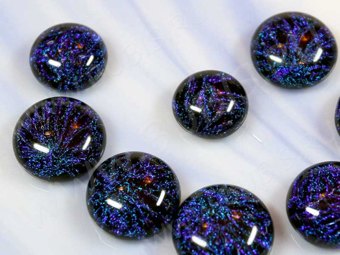 Кабошон Фьюзинг Круглый 15-16мм Дихроик на черном Синий Узор цветки FLO