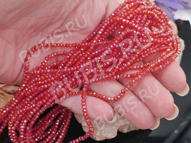 (СКИДКИ!!!) Бусина кристалл гранёный абакус 3*3*2мм св.красный с АВ прозрачный (имитация Сваровски) (НИТЬ)