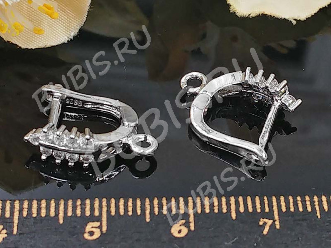 Швензы с английским замком №126 с инкрустацией кубическим цирконием 16*12*4,5мм цвет платины и прозрачные (Milano LUX) (Brass и фианит) (1 пара)