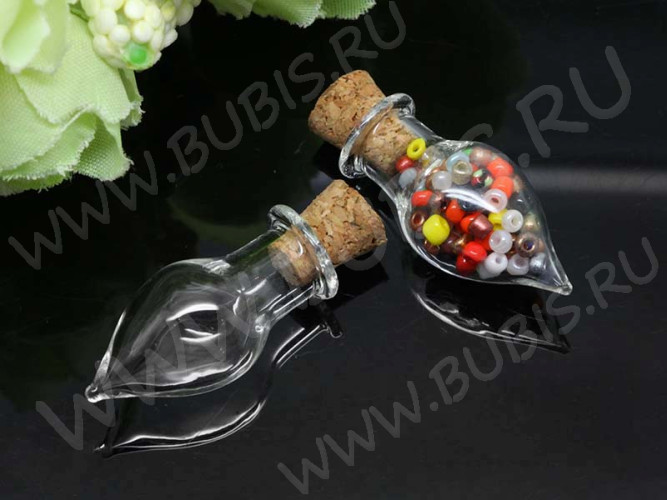 Бутылочка 37 фигурная с пробкой Капелька 1,3мл 33*13*13мм прозрачная (стекло)