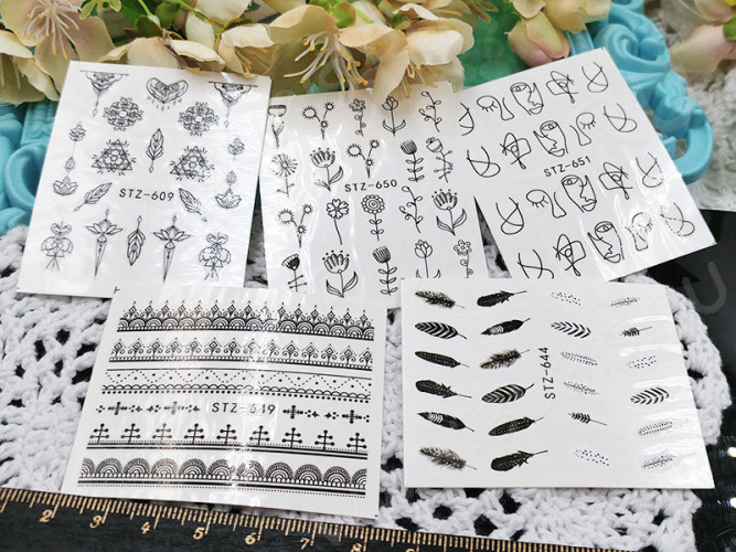 Стикеры 01 слайдеры 6,5*5см МИКС чёрно-белых узоров (декор) (5шт.)