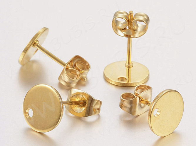 Пуссеты ("гвоздики") №181 с платформой 8мм и отверстием с крепёжками 12*8*0,7мм золотистые (Хирургическая сталь) (1 пара)